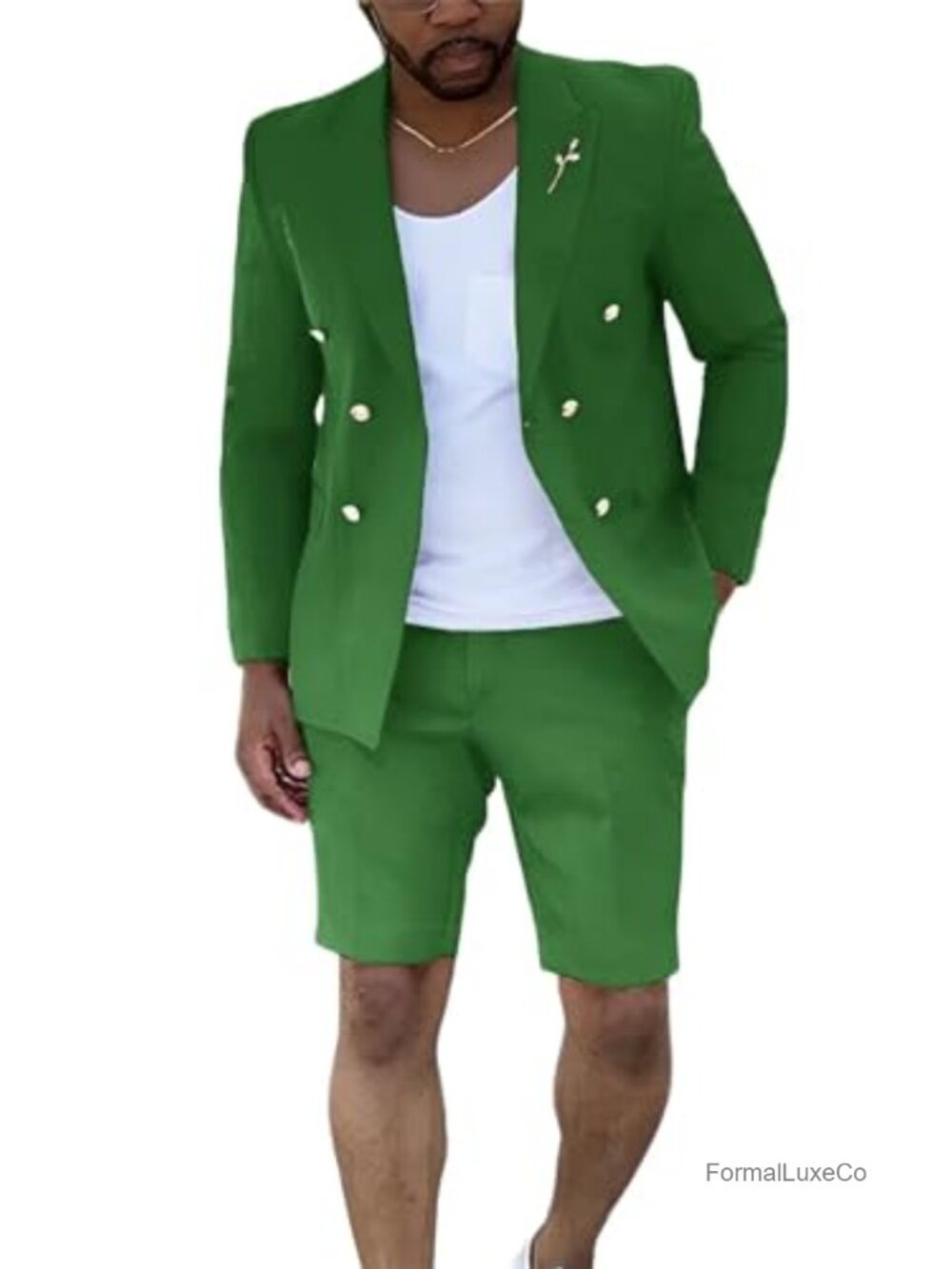 Men's 2-Piece Summer Suit Double Breasted Peaked Lapel Slim Fit with Shorts for